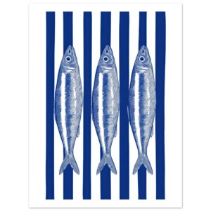 Three sardines illustrated in blue and white stripes.