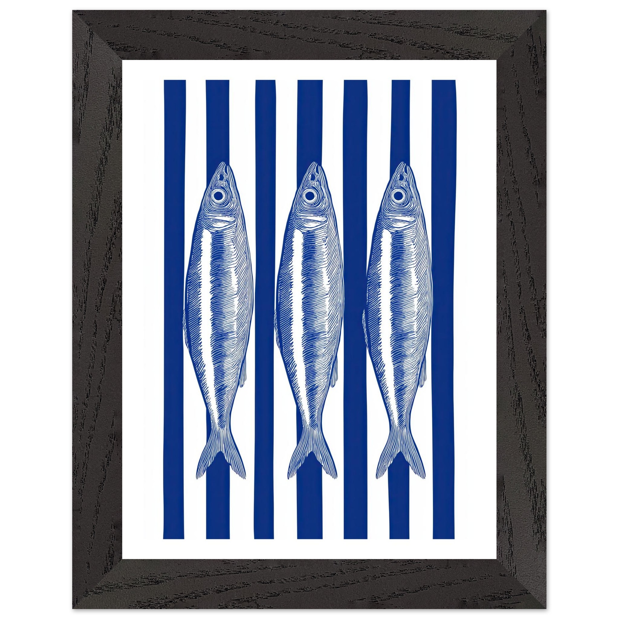 Framed artwork featuring three blue and white striped sardines.