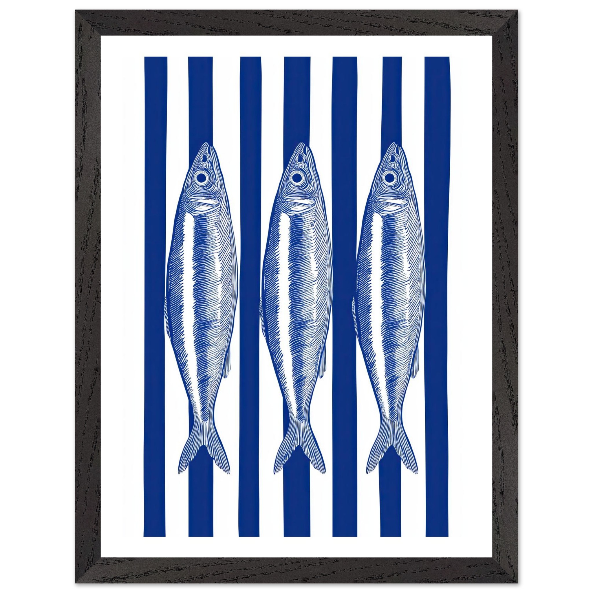 Three blue and white striped sardines on a striped background.