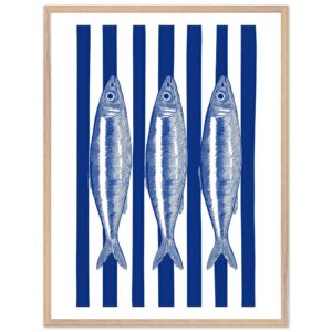 Three blue and white striped sardines on a striped background.