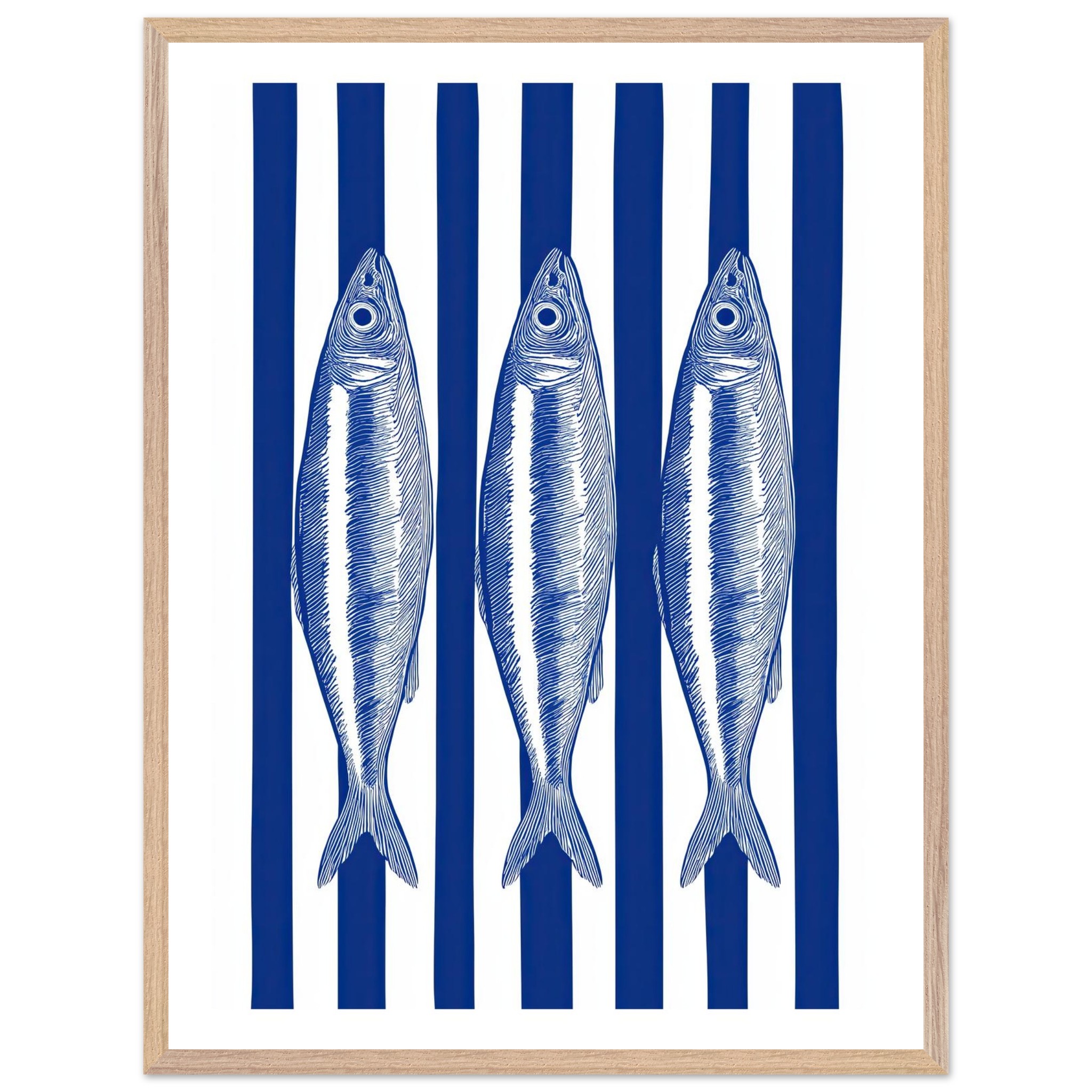 Three blue and white striped sardines on a striped background.