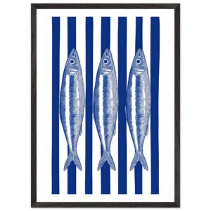 Three sardines illustrated in blue and white stripes on a wall art print.