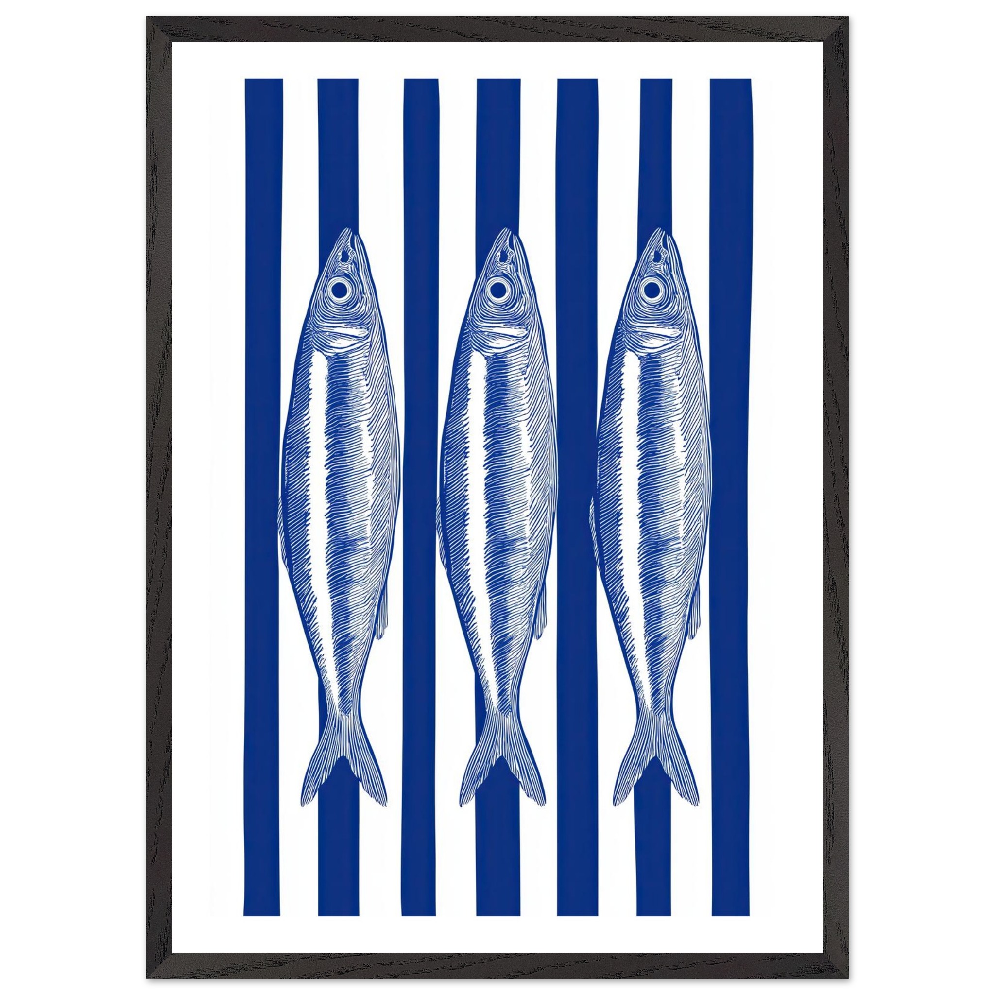 Three sardines illustrated in blue and white stripes on a wall art print.