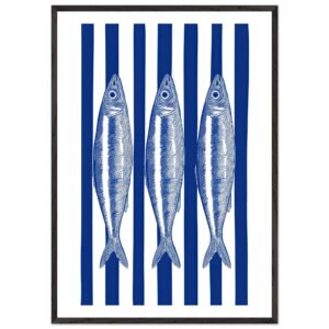 Three blue sardines on a white background with blue stripes.