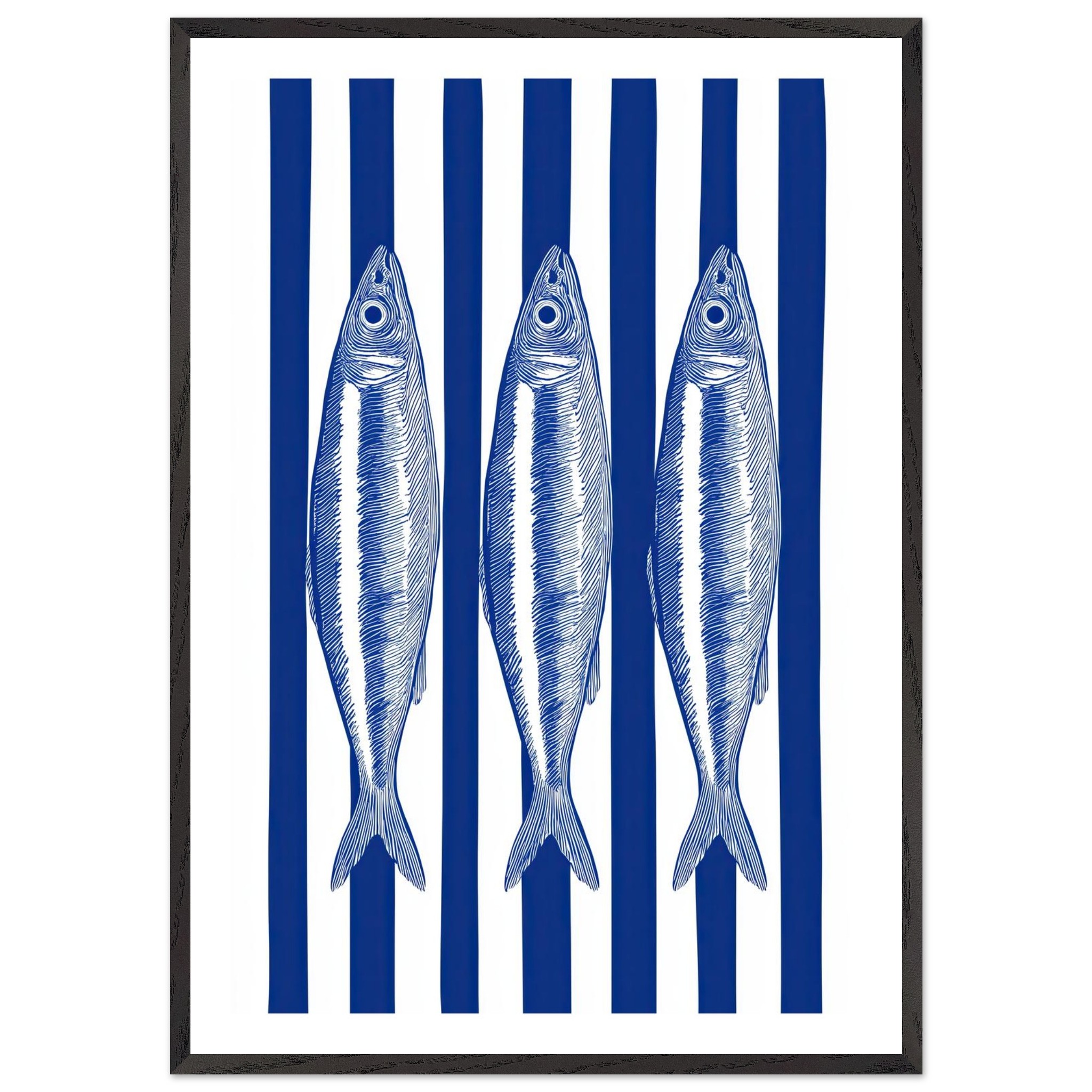 Three blue sardines on a white background with blue stripes.
