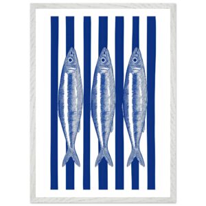Blue and white striped wall art featuring three sardines.