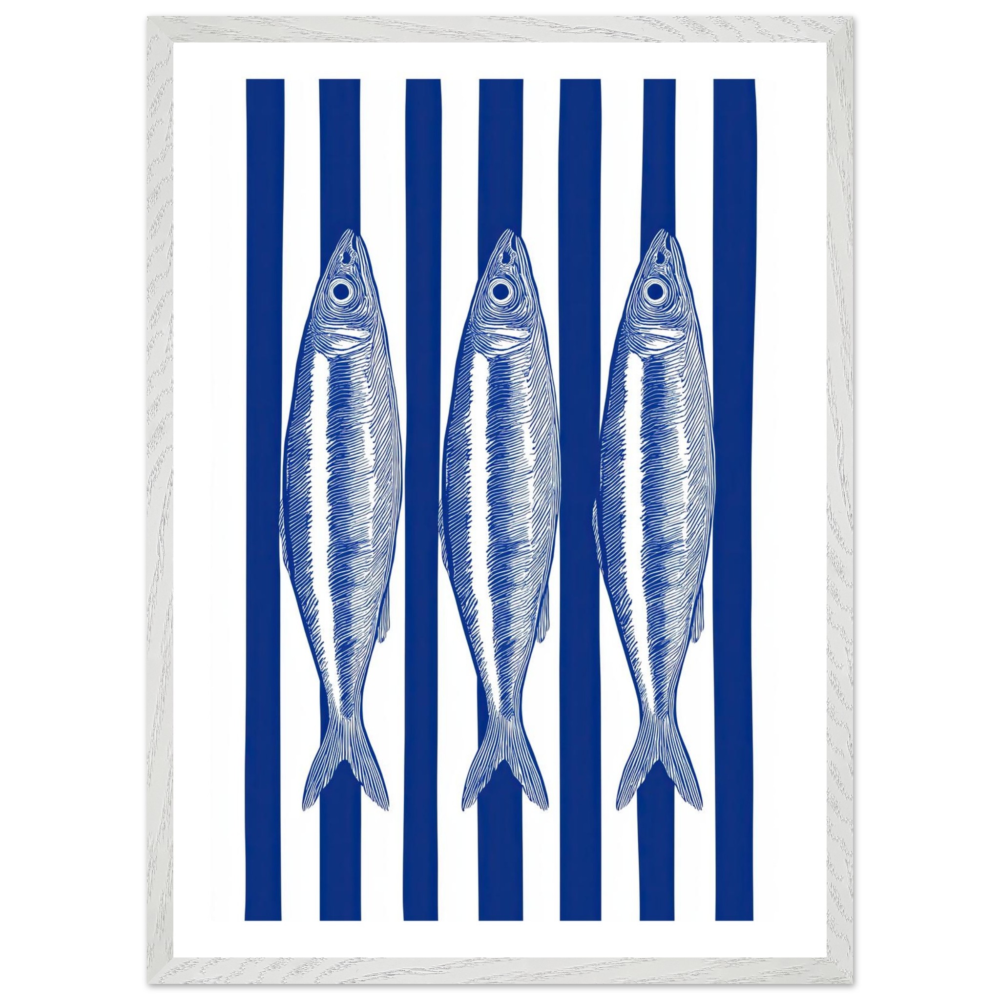 Blue and white striped wall art featuring three sardines.