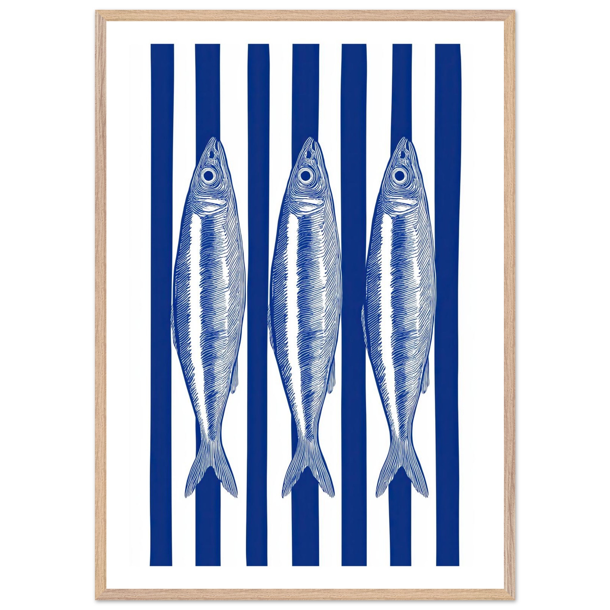 Three sardines illustrated in blue on white striped background.
