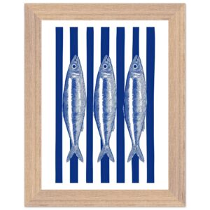 Framed artwork featuring blue and white striped sardines on a striped background.
