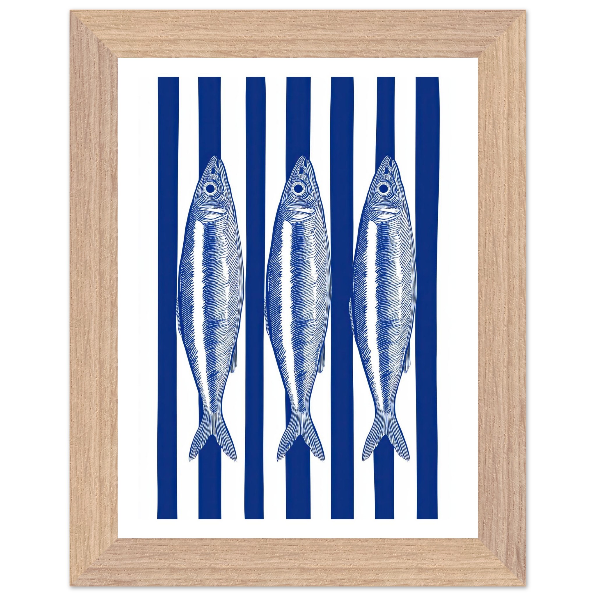Framed artwork featuring blue and white striped sardines on a striped background.