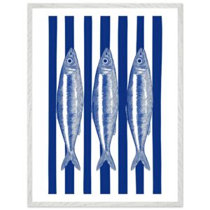 Three blue sardines on white and blue striped background.