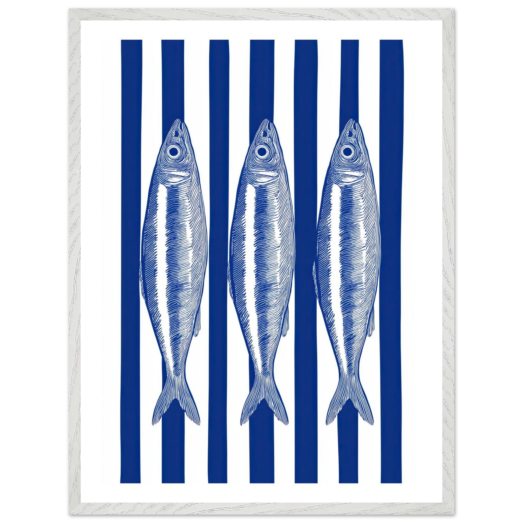 Three blue sardines on white and blue striped background.