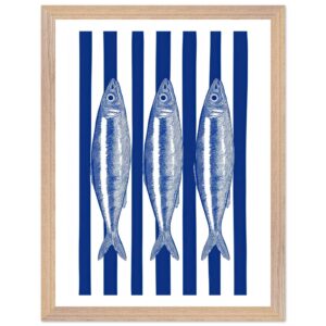 Three blue sardines on a white and blue striped background.