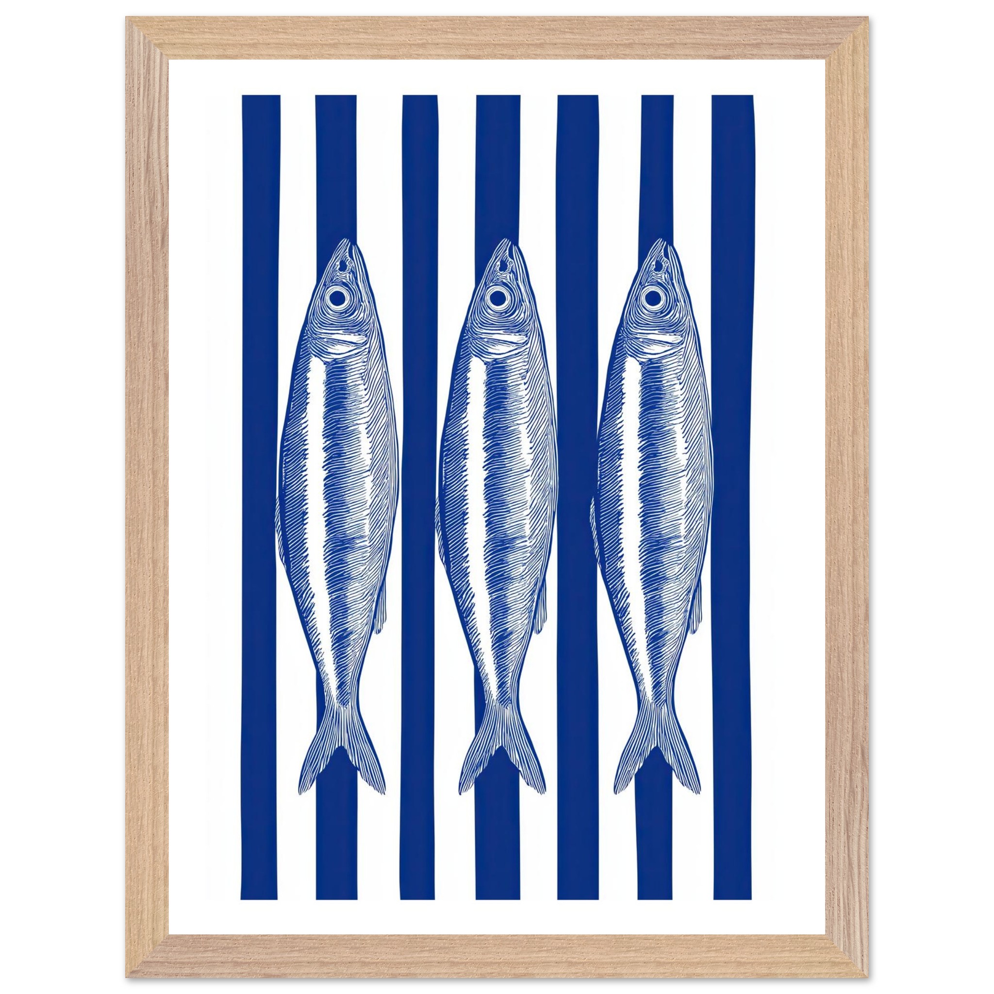 Three blue sardines on a white and blue striped background.