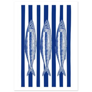 Three blue sardines on a white and blue striped background.