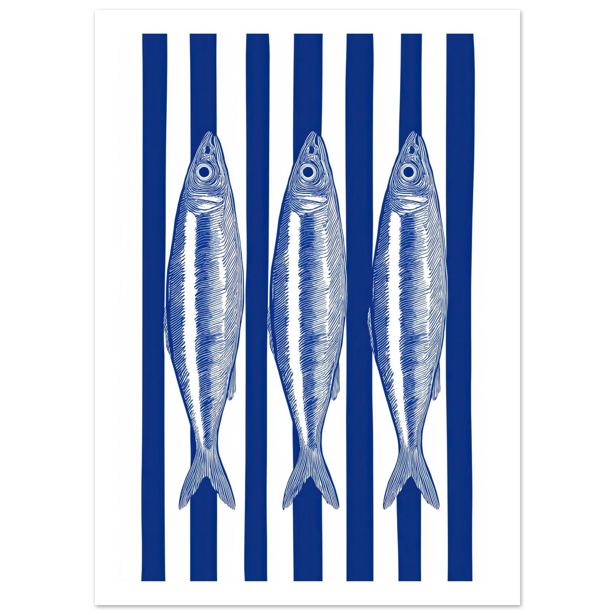 Three blue sardines on a white and blue striped background.