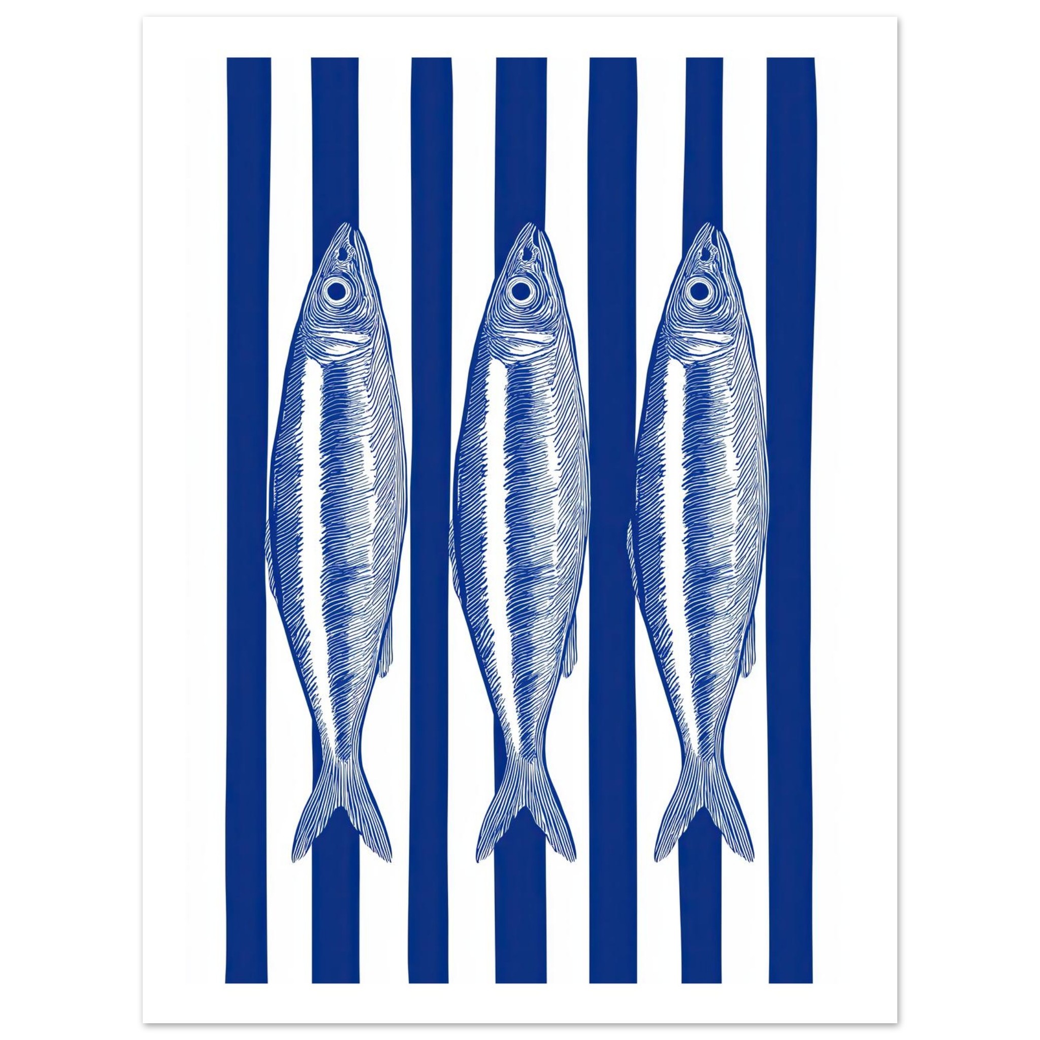 Three blue sardines on a white and blue striped background.