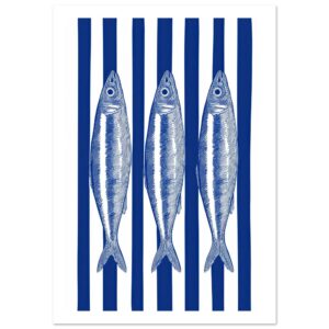 Three blue sardines on a white background with blue stripes.