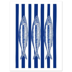 Three blue and silver sardines on a white and blue striped background.