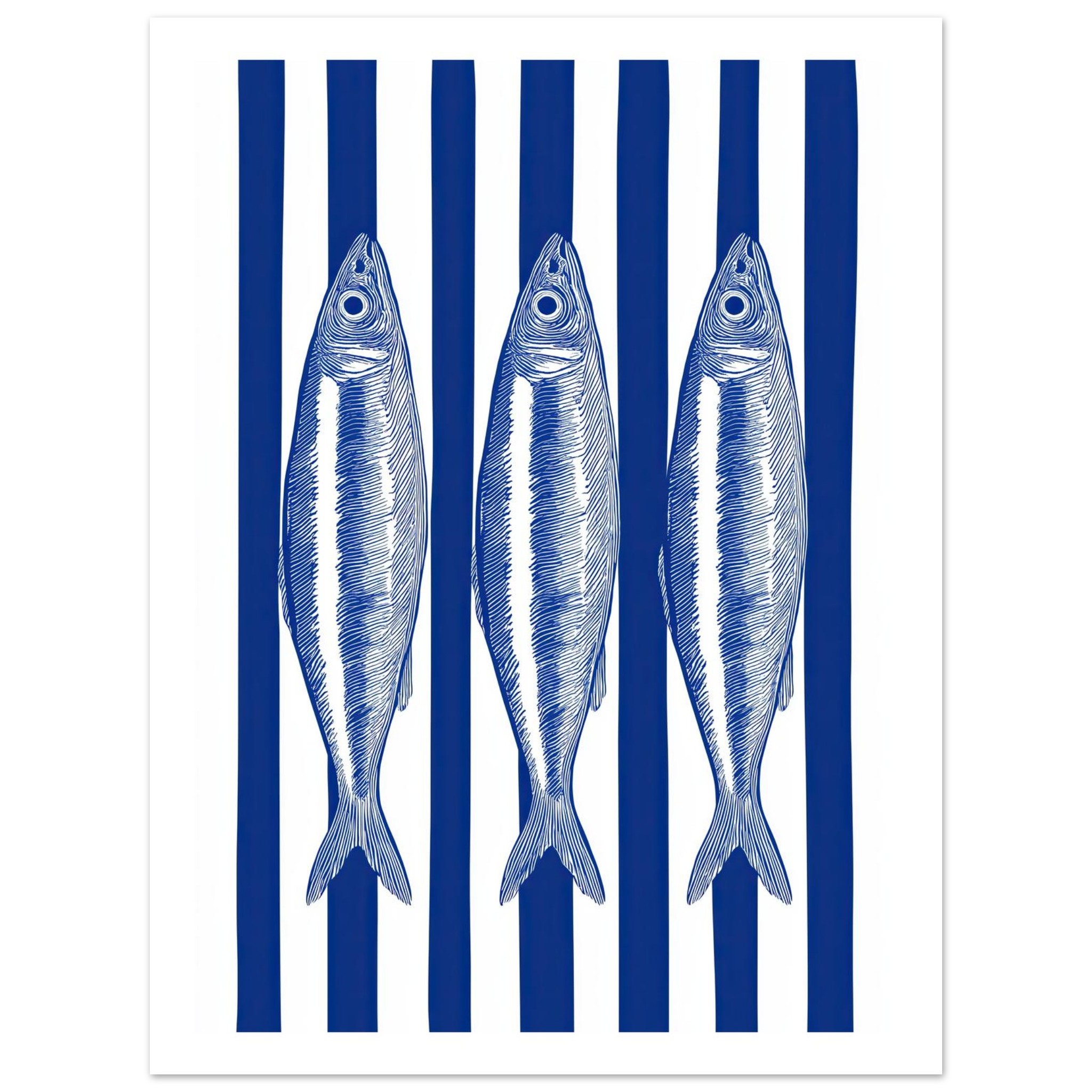 Three blue and silver sardines on a white and blue striped background.
