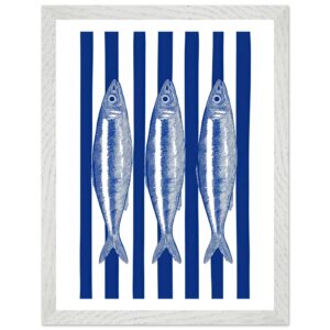 Three blue sardines on a white and blue striped background.