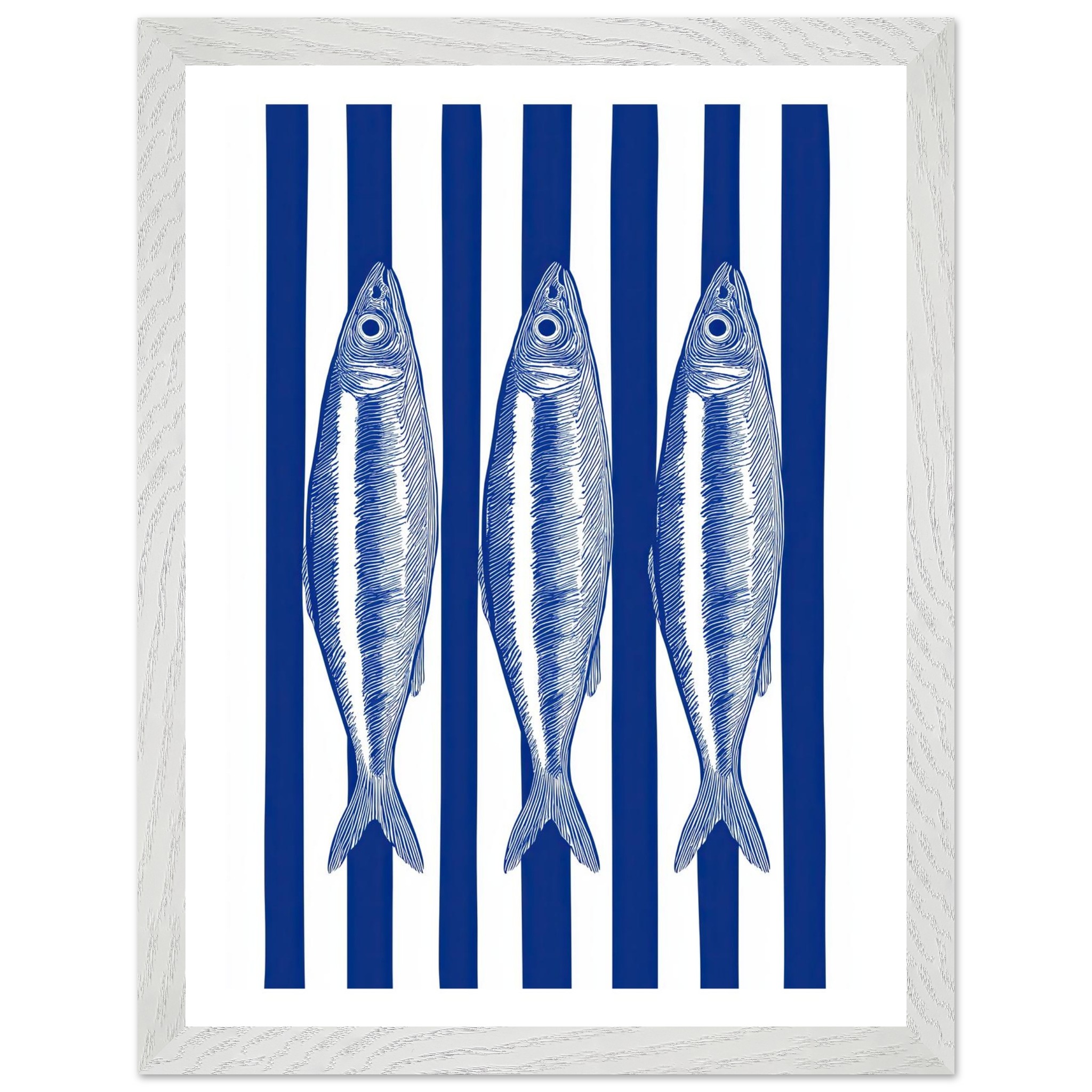 Three blue sardines on a white and blue striped background.