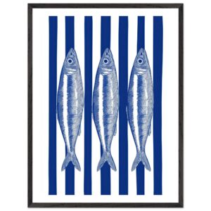 Three blue sardines on a white background with blue stripes.