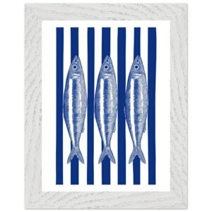 Three blue sardines on white and blue striped background.