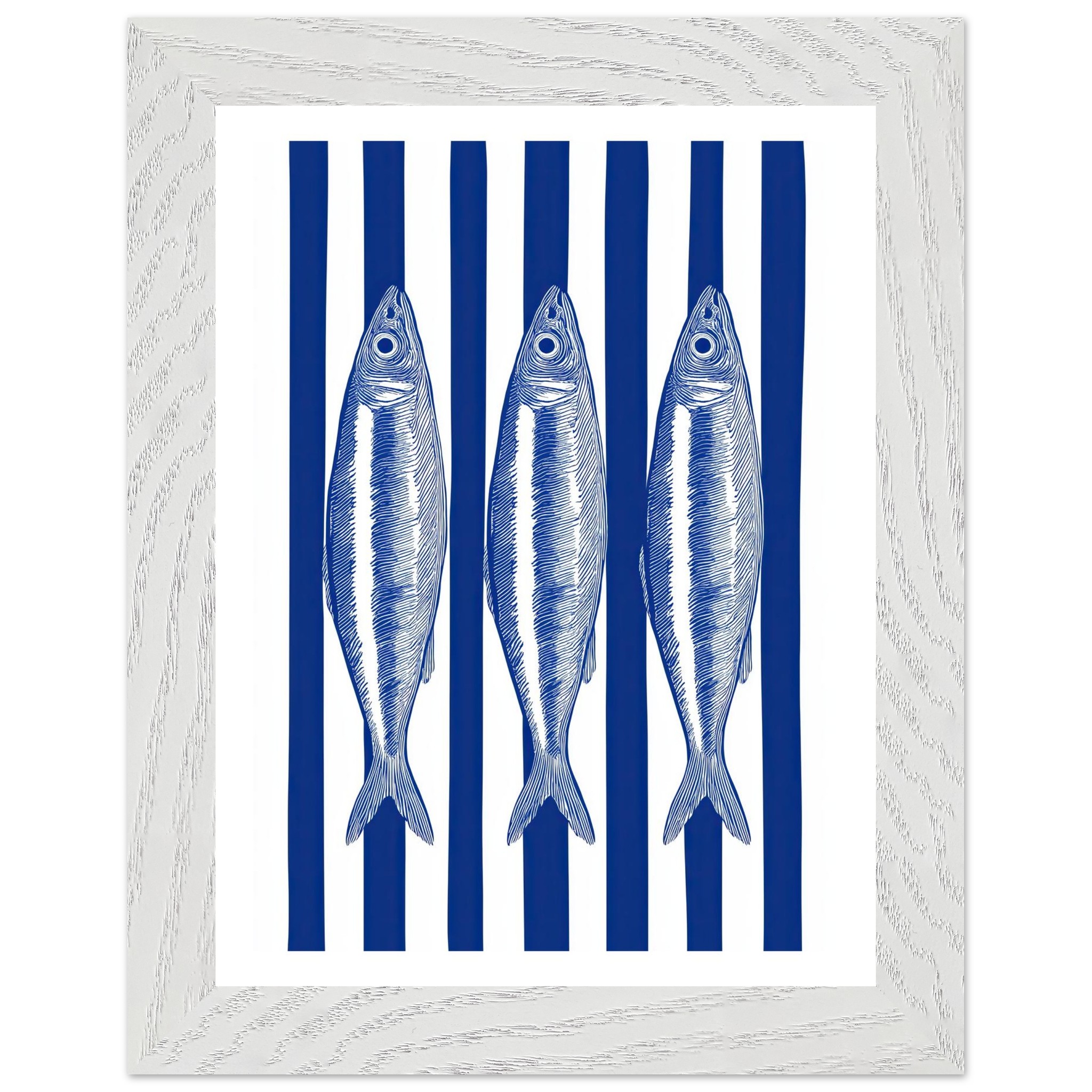 Three blue sardines on white and blue striped background.