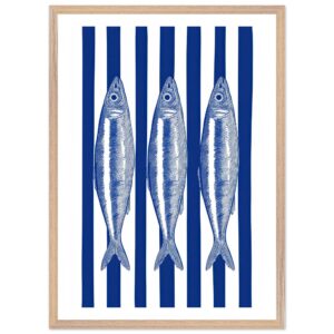 Three sardines illustrated in blue and white stripes within a wooden frame.