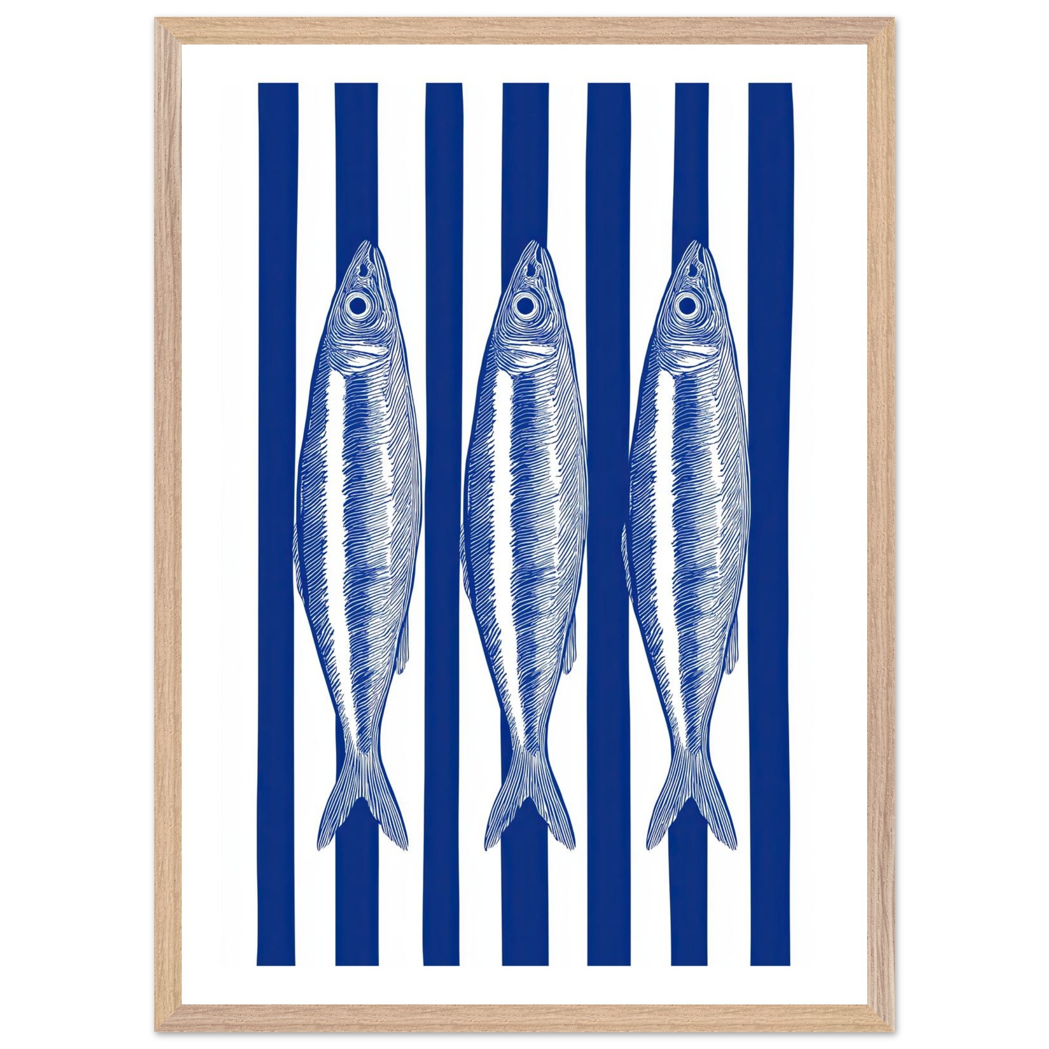 Three sardines illustrated in blue and white stripes within a wooden frame.