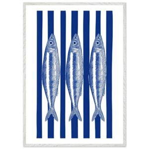 Three sardines illustrated on blue and white striped background.