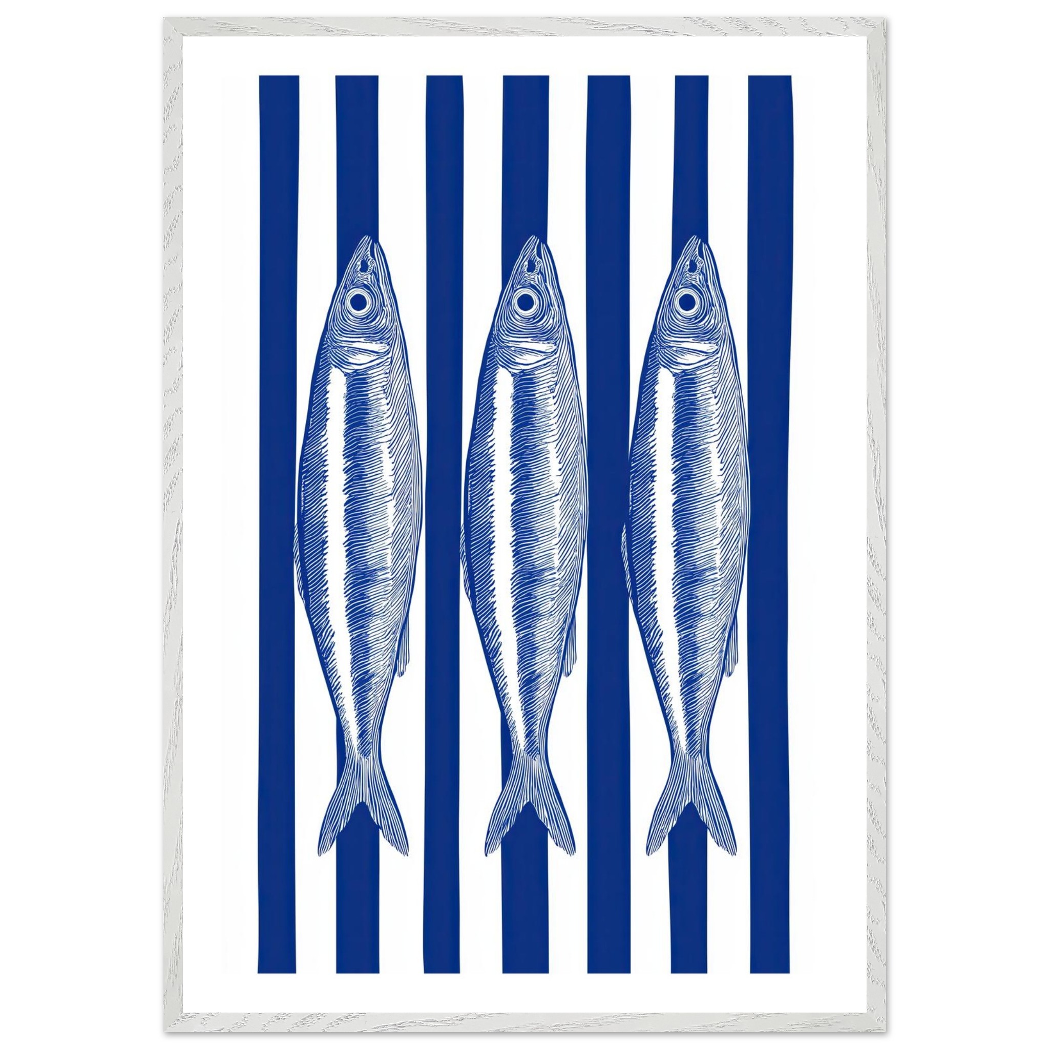 Three sardines illustrated on blue and white striped background.
