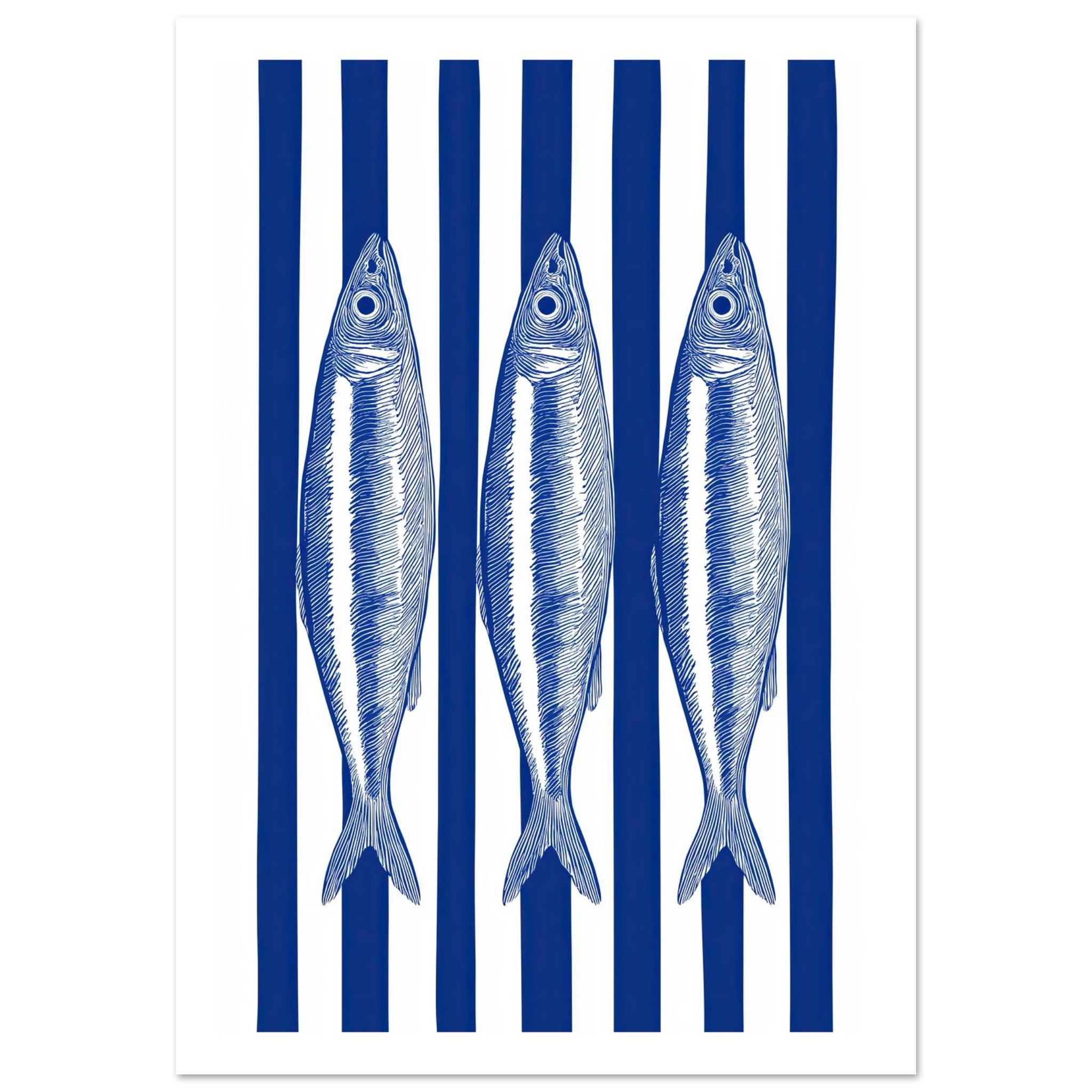Three blue sardines on a white background with blue stripes.