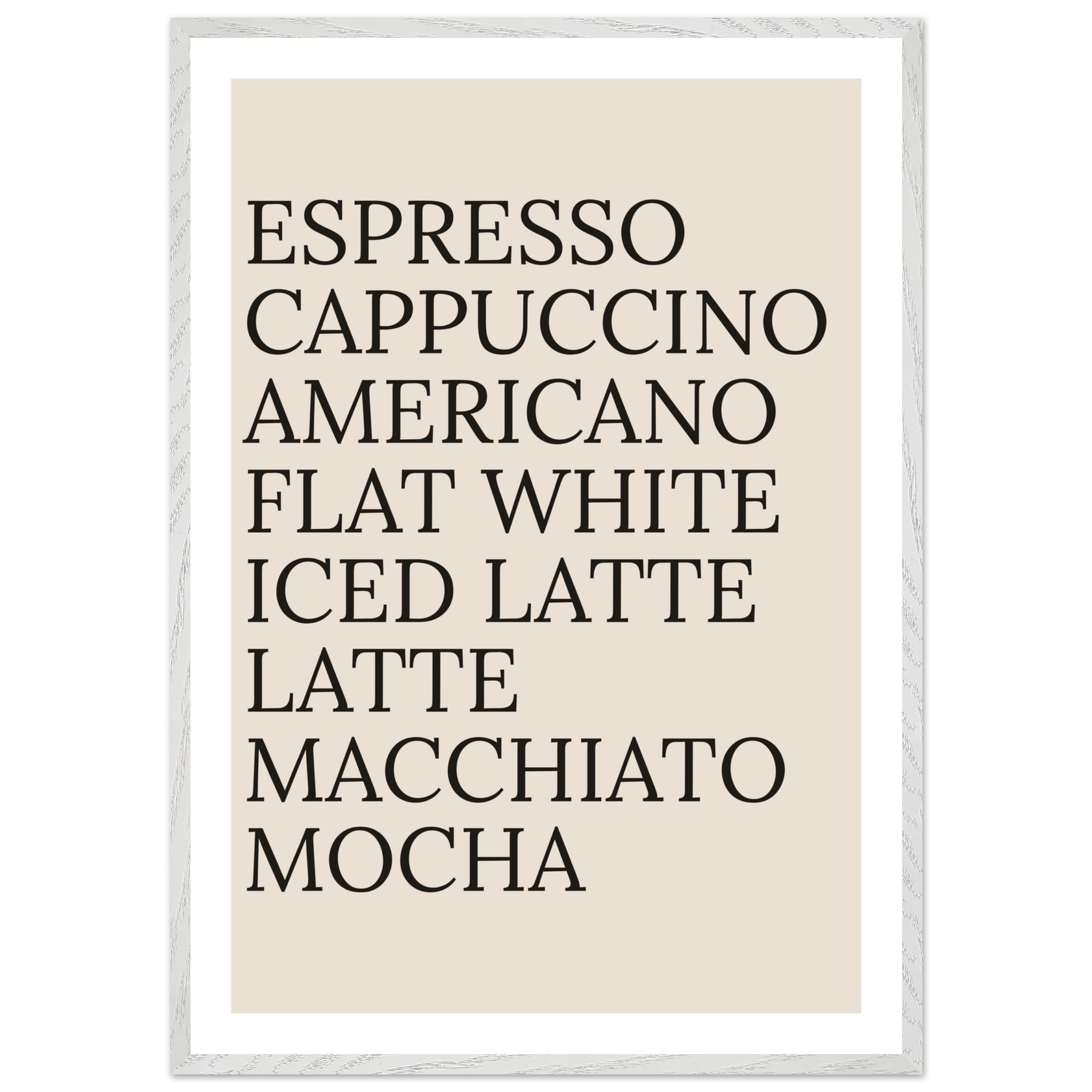 Typography print poster featuring various coffee names in black text.