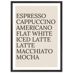 Typography print poster featuring coffee names in black on beige background.