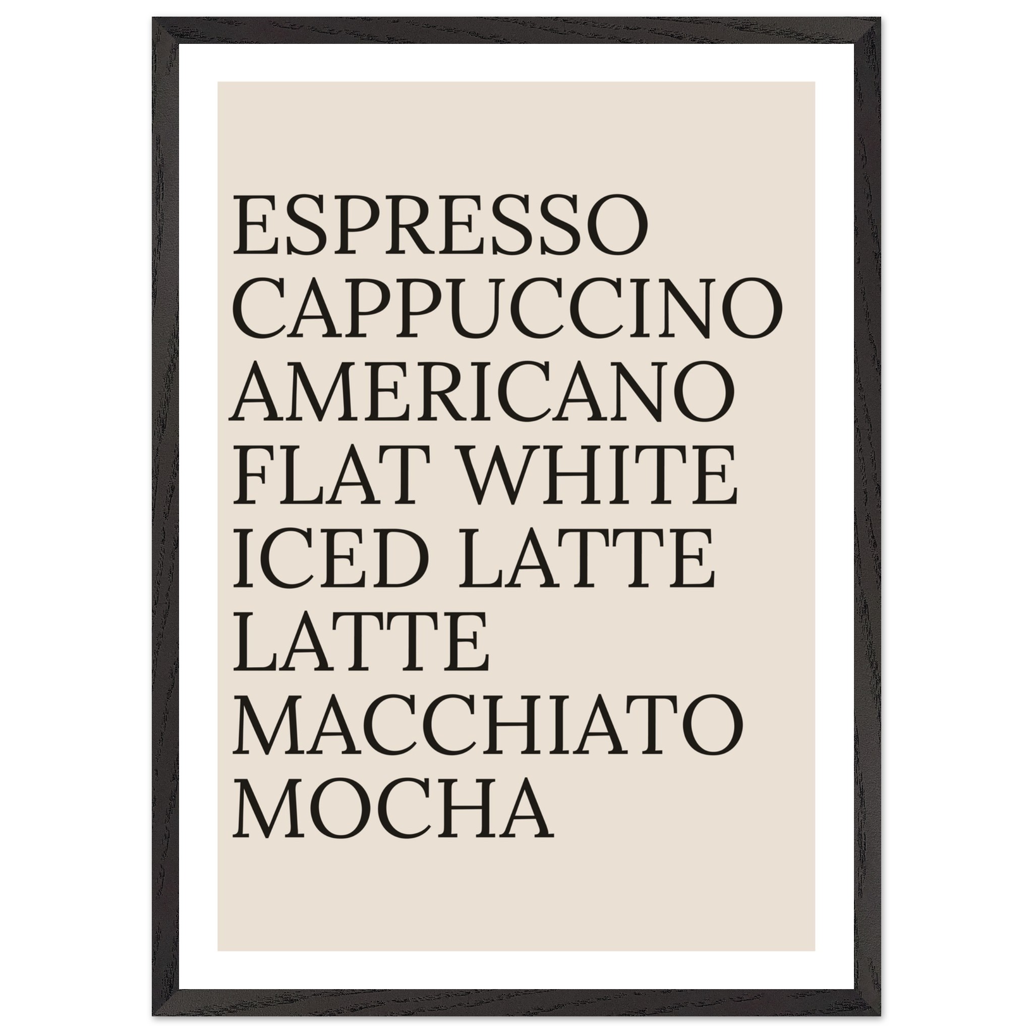 Typography print poster featuring coffee names in black on beige background.