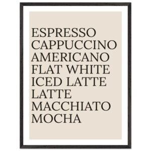 Typography print poster featuring coffee names in black on a beige background.