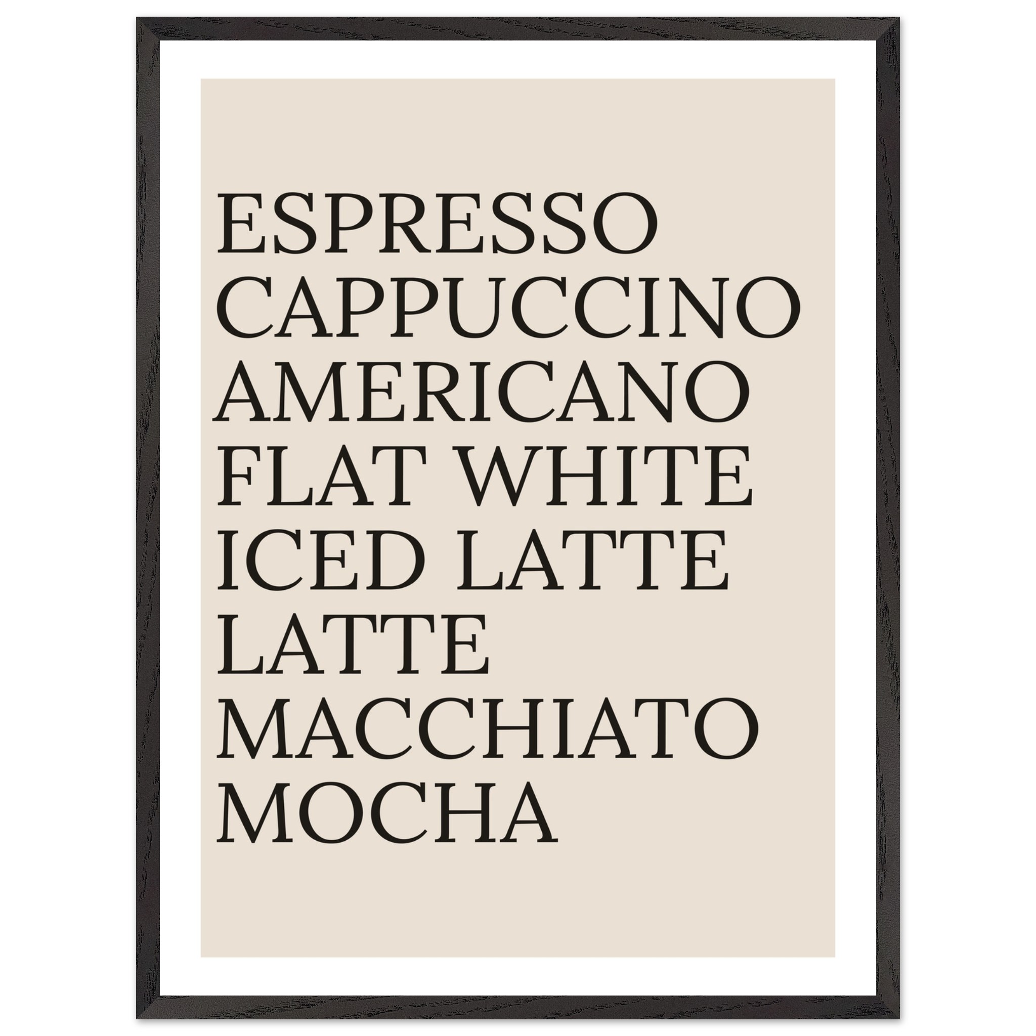 Typography print poster featuring coffee names in black on a beige background.