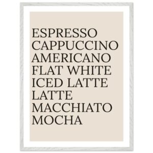 Typography print poster featuring coffee names in black on a beige background.