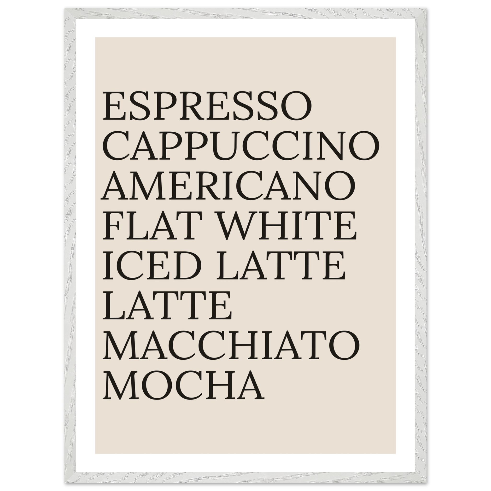 Typography print poster featuring coffee names in black on a beige background.
