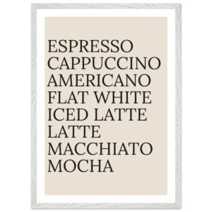 Typography print poster featuring coffee names in black on a beige background.