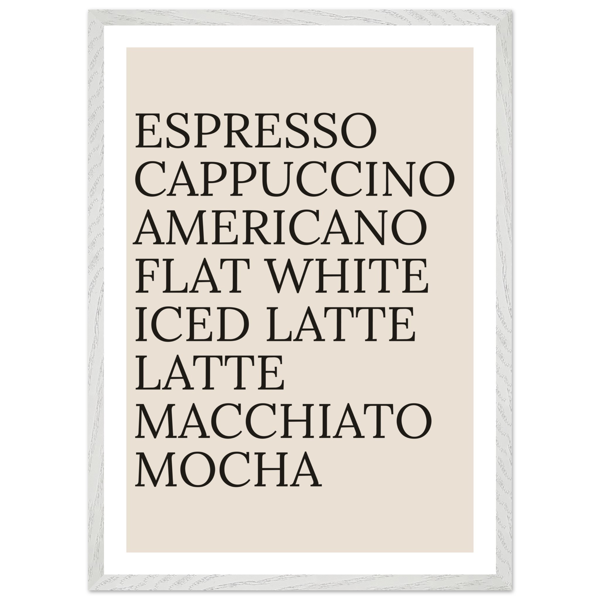 Typography print poster featuring coffee names in black on a beige background.