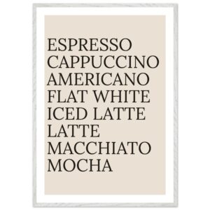 Typography print poster featuring various coffee names in black text on a light background.
