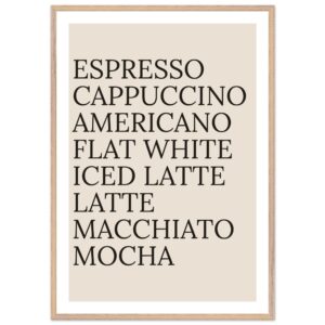 Typography print poster featuring various coffee names in black text.