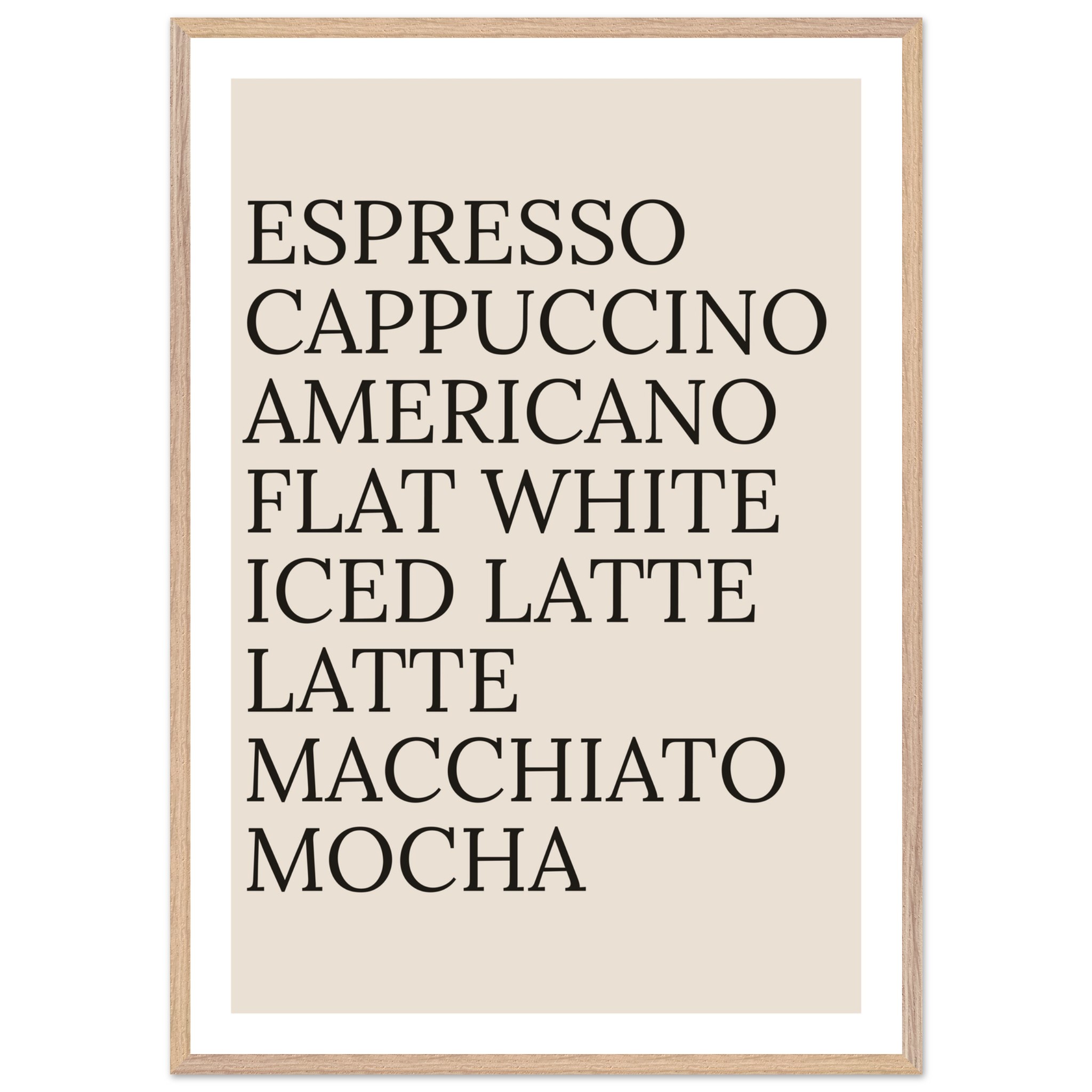 Typography print poster featuring various coffee names in black text.