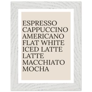 Typography print poster featuring coffee names in black on beige background.