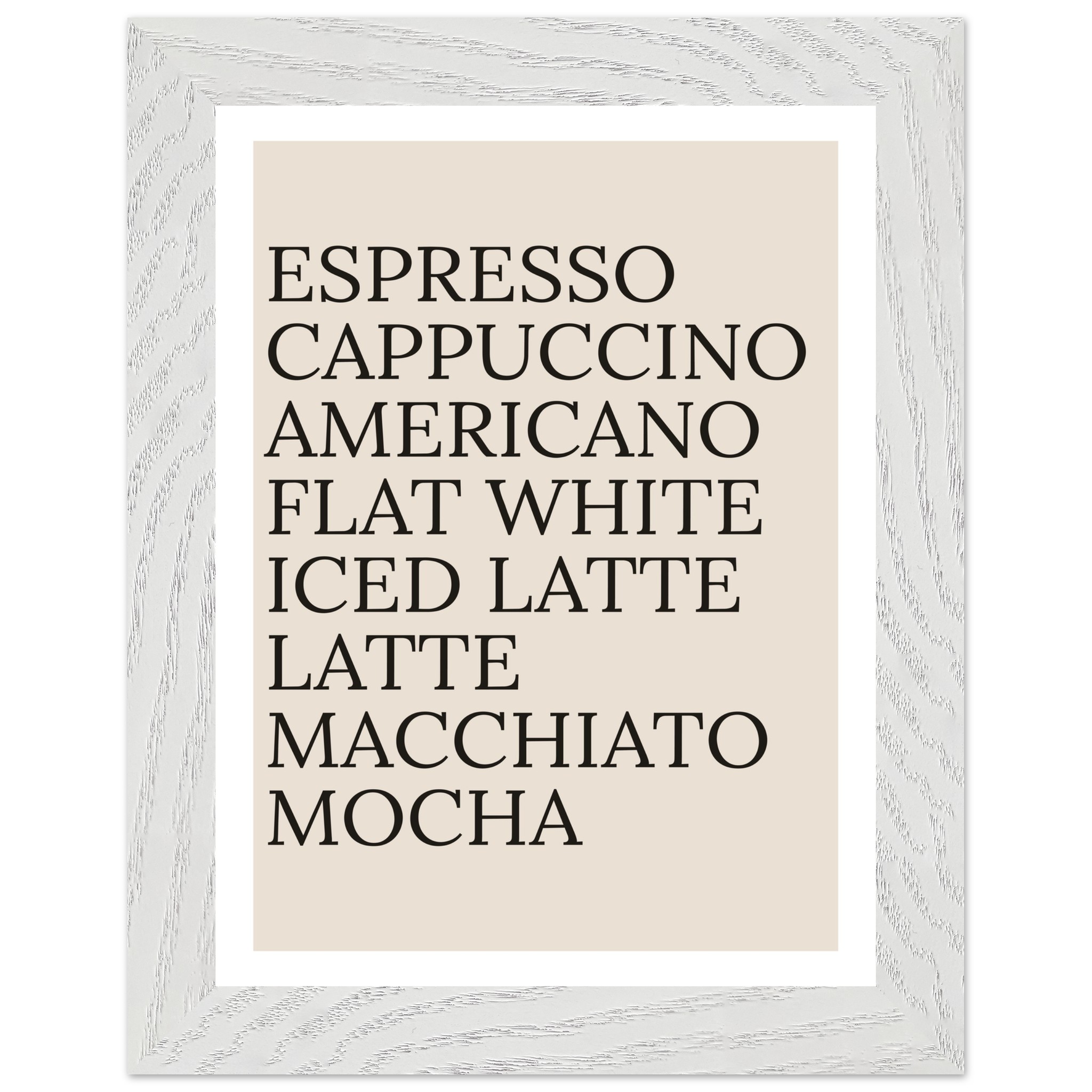 Typography print poster featuring coffee names in black on beige background.