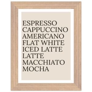 Typography print poster featuring coffee names in black text on beige background.
