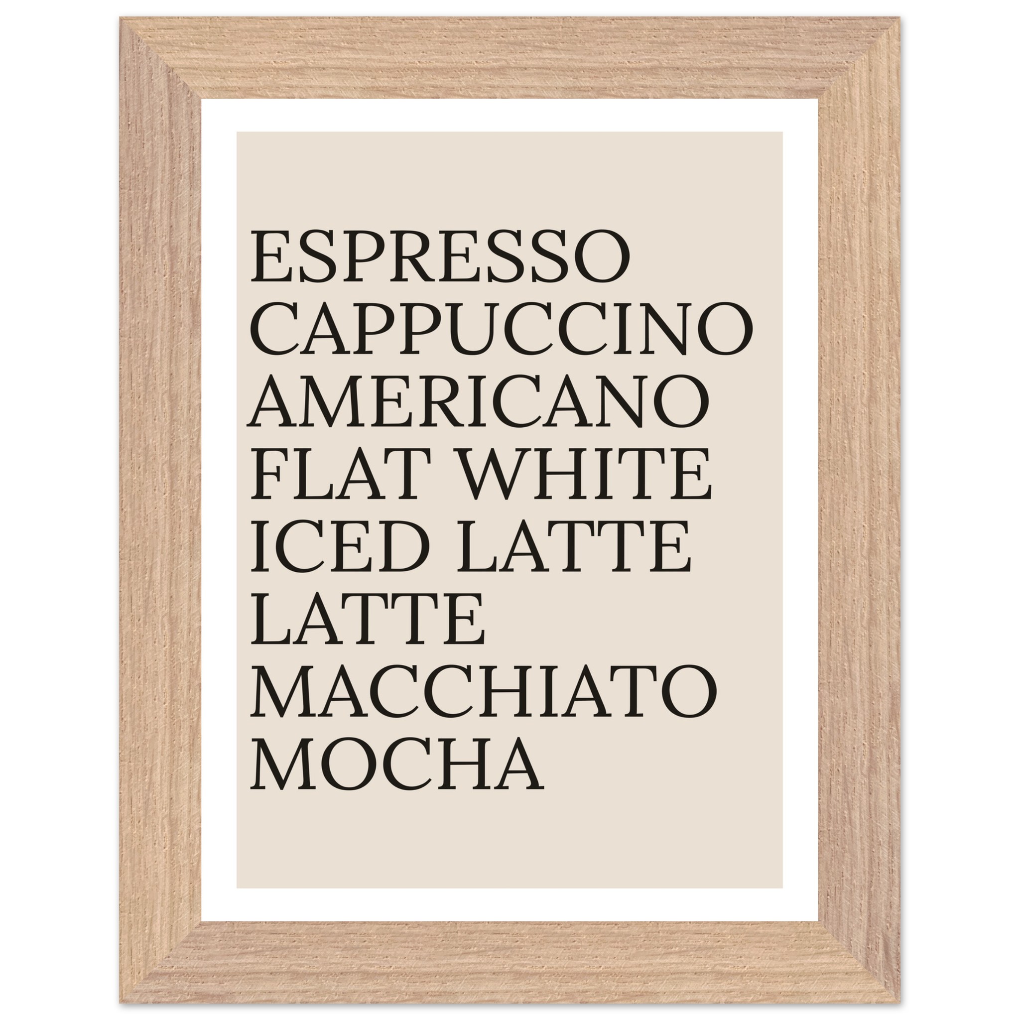 Typography print poster featuring coffee names in black text on beige background.